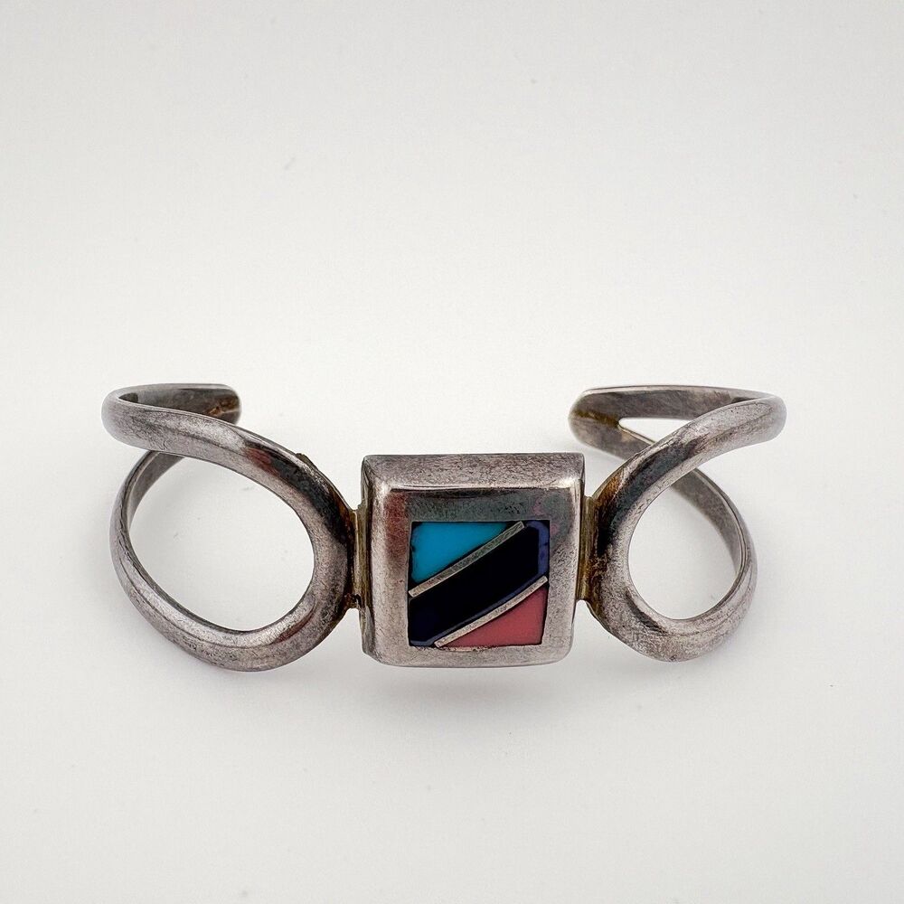 Vintage Multicolor Inlay Cuff Bracelet, Sterling 925 Silver, size 6 1/4”, 18.4g